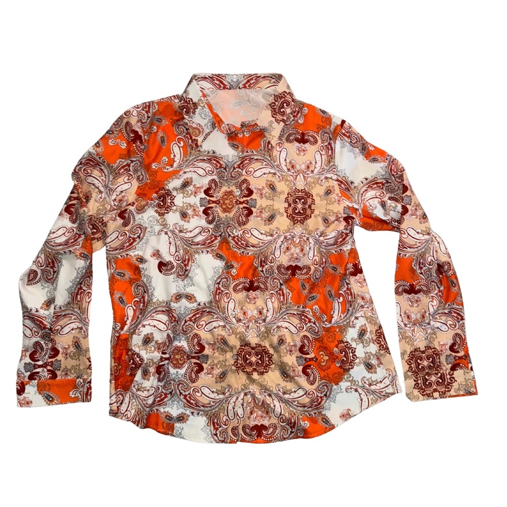 Orange maroon and white paisley western collared button up, vintage western